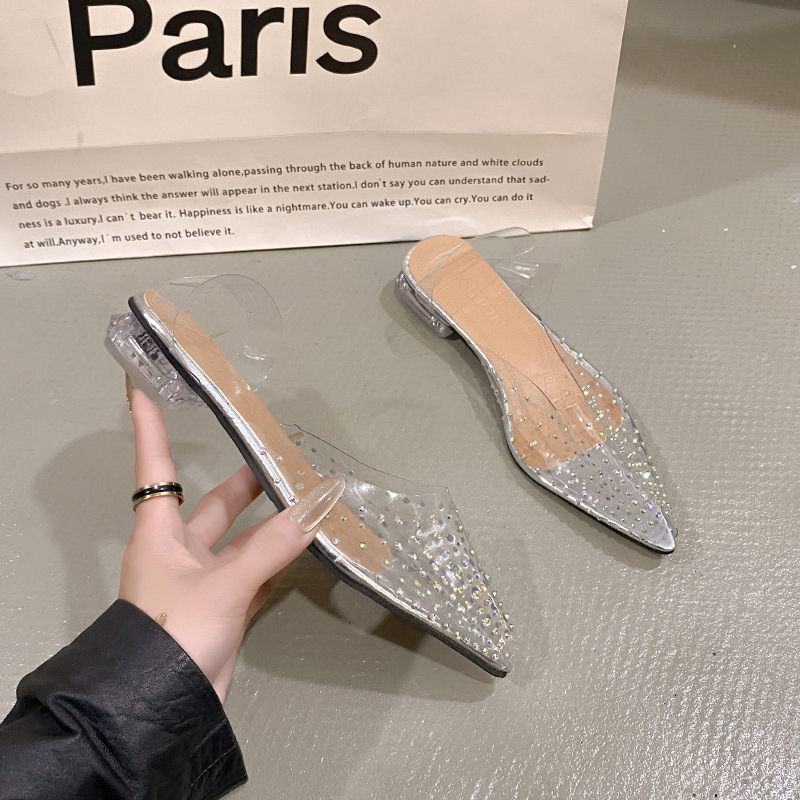 2024 Summer New Korean Style Transparent Rhinestone Stiletto Sandals Crystal Shoes Women's Shoes High Heels plus size Foreign Trade