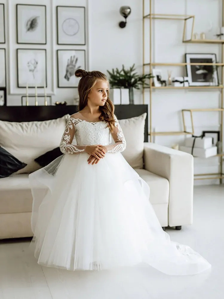 Nuevo vestido de novia para niños transfronterizos europeos y americanos Vestido de encaje de manga larga para niñas con rendimiento final Vestido esponjoso de princesa de cumpleaños