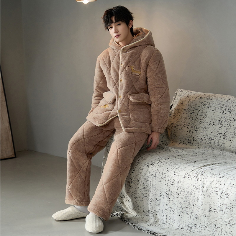 Pijama de hombre para hombre 2024 invierno encapuchado tres capas de algodón intercalado de mangas largas con camisa gruesa se puede usar en el exterior conjunto de ropa de casa