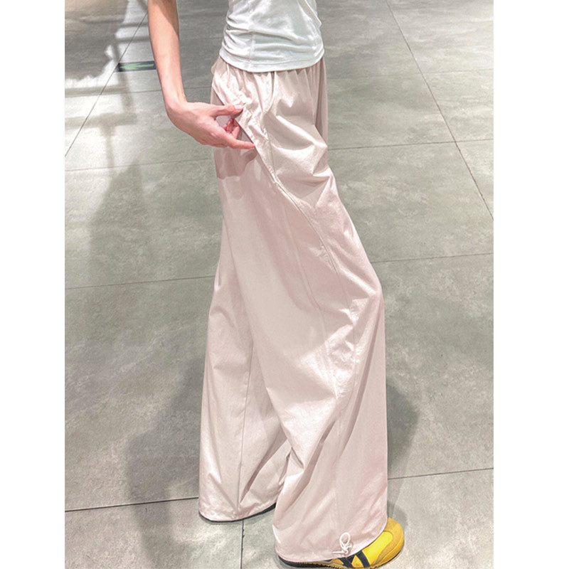 Pink American-Style Quick-Dry Sports Drawstring Pants for Women, 2026 Summer New Simple High-Waisted Loose Cool Style Wide-Leg Pants