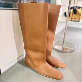牛皮版~韩版真皮不过膝长靴2025新款骑士靴西部靴方头平底高筒靴