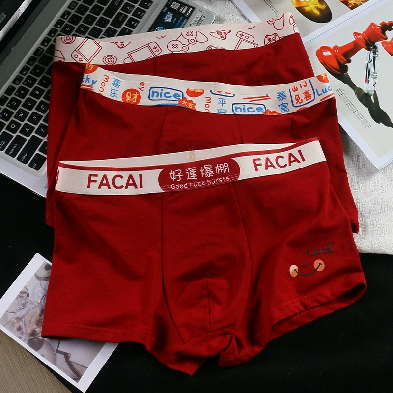 Оптовая продажа хлопка новый год рождения красный мужской трусики удачи