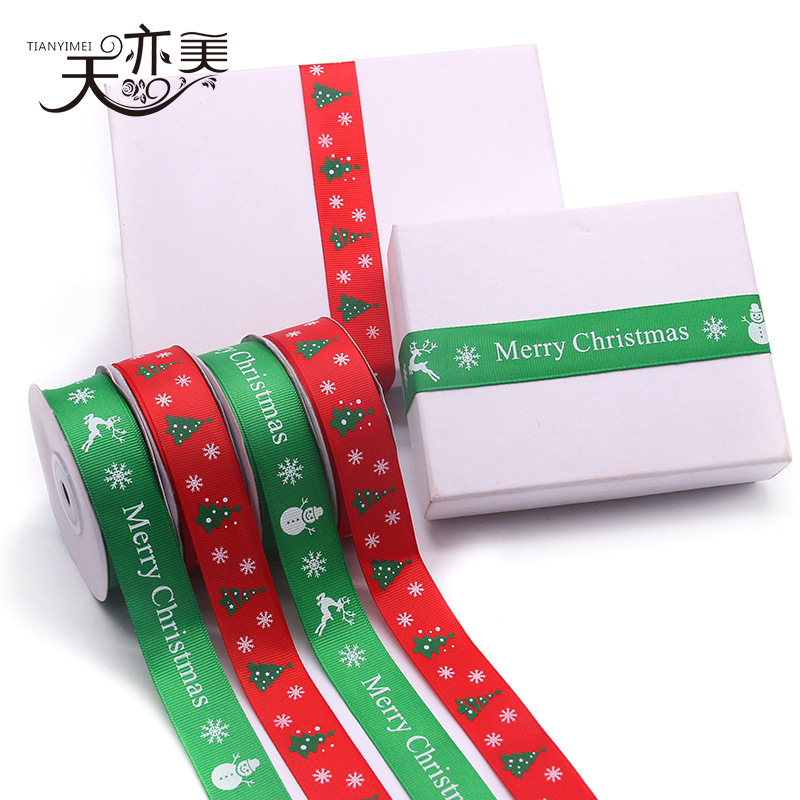 Cinta de embalaje de regalo de Navidad verde rojo 2,5 cm cinta de árbol de Navidad cinta de costilla de muñeco de nieve de Navidad al por mayor