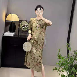 夏季新中式牡丹印花连衣裙复古国风气质显白显瘦真丝斜纹绸连衣裙