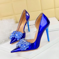 18188-H27 European and American Banquet High Heels Light Luxury Women's Shoes Shallow Mouth Pointed Side Hollow Diamond Bow Single Shoes