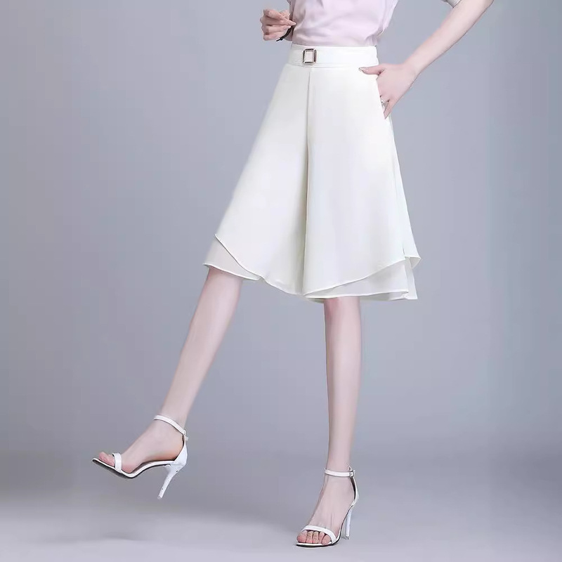 Chiffon Culottes All-in-One 6-Minute Shorts Women's High Waist Large Size Cropped Floating Pants Ice Silk Cropped Wide-Leg Pants for Summer