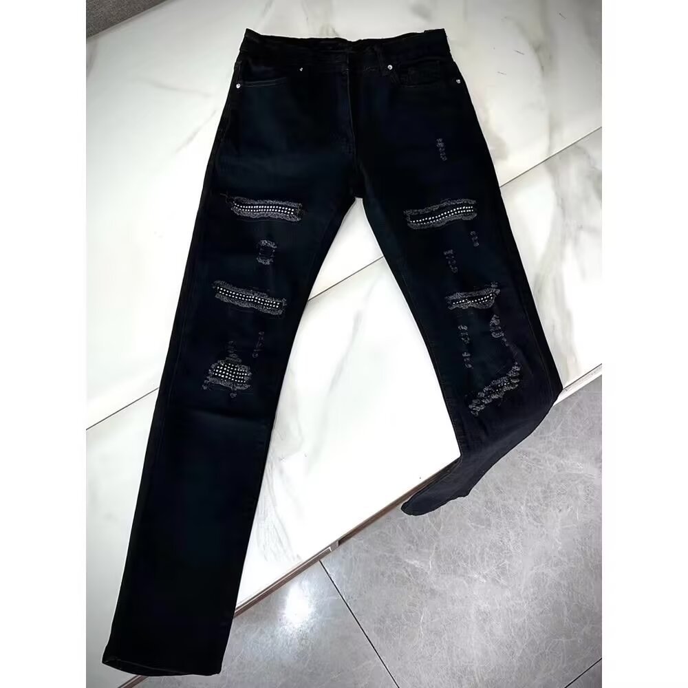 High Street Ripped Rhinestone Jeans For Men Style Slim Fit Straight Leg Casual Trousers Versatile Spring Autumn Popular_viptrois.com