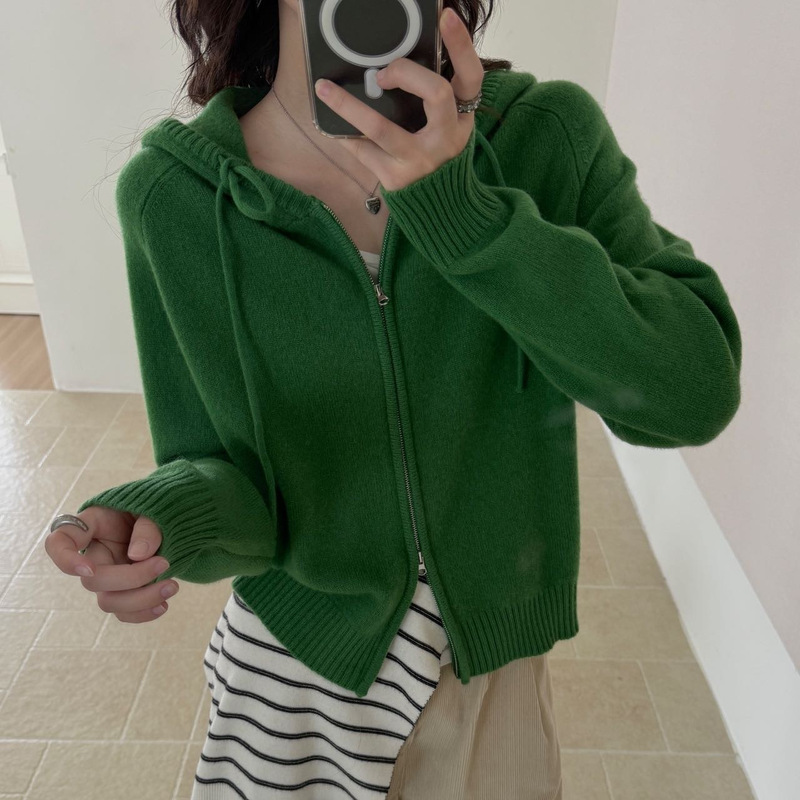 26 Autumn New Korean Style 100% Wool Double Zipper Drawstring Hooded Cardigan Versatile Commute Knit Sweater for Women 26 Autumn New Korean Style 100% Wool Double Zipper Drawstring Hooded Cardigan Versatile Commute Knit Sweater for Women