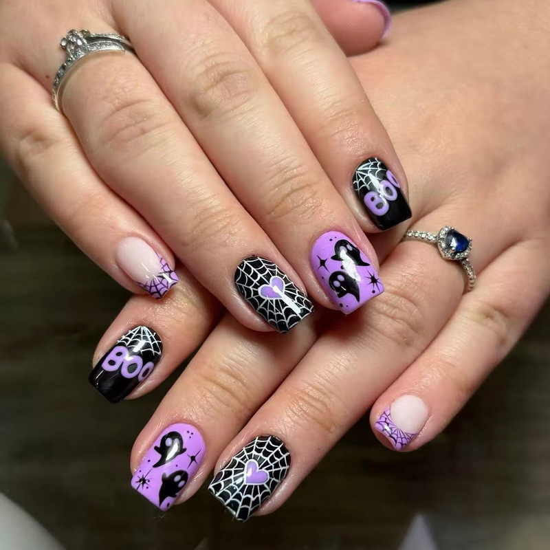 Halloween Charming Purple Short French-Style Spider Web Ghost Pattern Design Cute Wearable Nail Art Nail Tips Halloween Charming Purple Short French-Style Spider Web Ghost Pattern Design Cute Wearable Nail Art Nail Tips