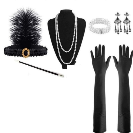 Vintage 1920s FLAPPER niña ropa diadema lana raya guantes de plástico falso tabaco varilla Gatsby traje