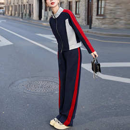 运动套装女春秋2025新款时尚显瘦开衫拼色休闲服立领卫衣两件套棉