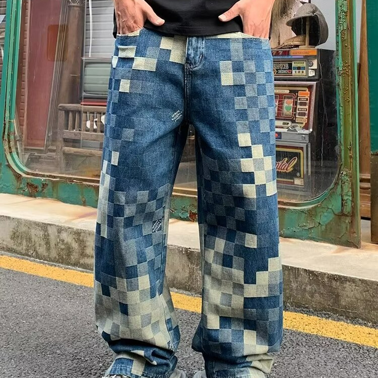 Herrenbekleidung Hochwertige Mosaik Schachbrett Jeans Herren Leicht Luxus Straight Street Trend Casual_voghion.com