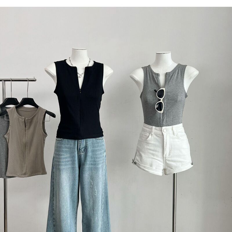 [260g Cut as You Like 2X2] Zippered Round Neck Sleeveless Camisole Summer New Style I-Shaped Waist Slimming