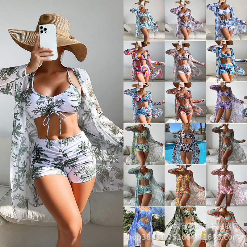 Mingyi New Multi-color European and American Mesh Blouse Fashion Sexy Amazon Leg Pants Three-piece Women's Swimsuit Mingyi New Multi-color European and American Mesh Blouse Fashion Sexy Amazon Leg Pants Three-piece Women's Swimsuit