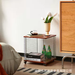 中古风仿不锈钢线条床头柜实木小户型可移动带轮推车堆叠边几茶几