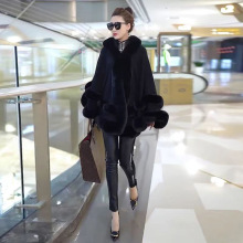 跨境亚马逊欧美女秋冬毛衣外套仿獭兔毛领两层毛毛披肩斗篷针织开