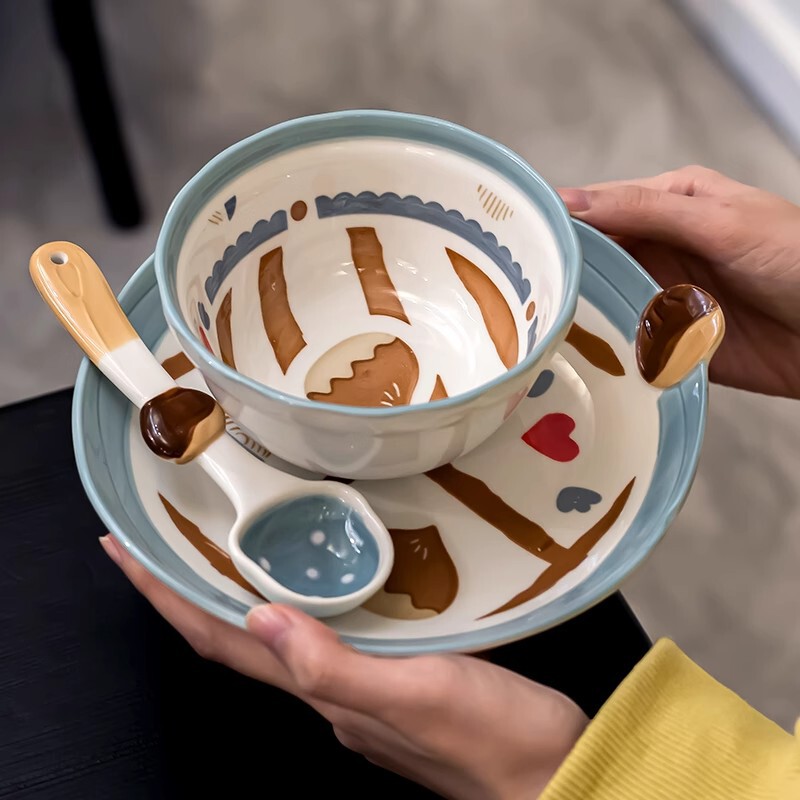 Korean Ceramic Tableware Cute Rice Bowl Double-Eared Soup Bowl Fish Plate Household Bowl Plate Spoon Instant Noodle Bowl Dish Set