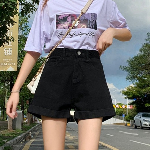 Women's Summer High-Waisted Denim Shorts, Korean Style Wide Leg A-Line Trendy Ins Versatile Casual Rolled Hem Student Hot Pants