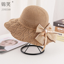 夏季蝴蝶结遮阳帽女时尚花朵针织透气渔夫帽户外出游海边防晒帽子