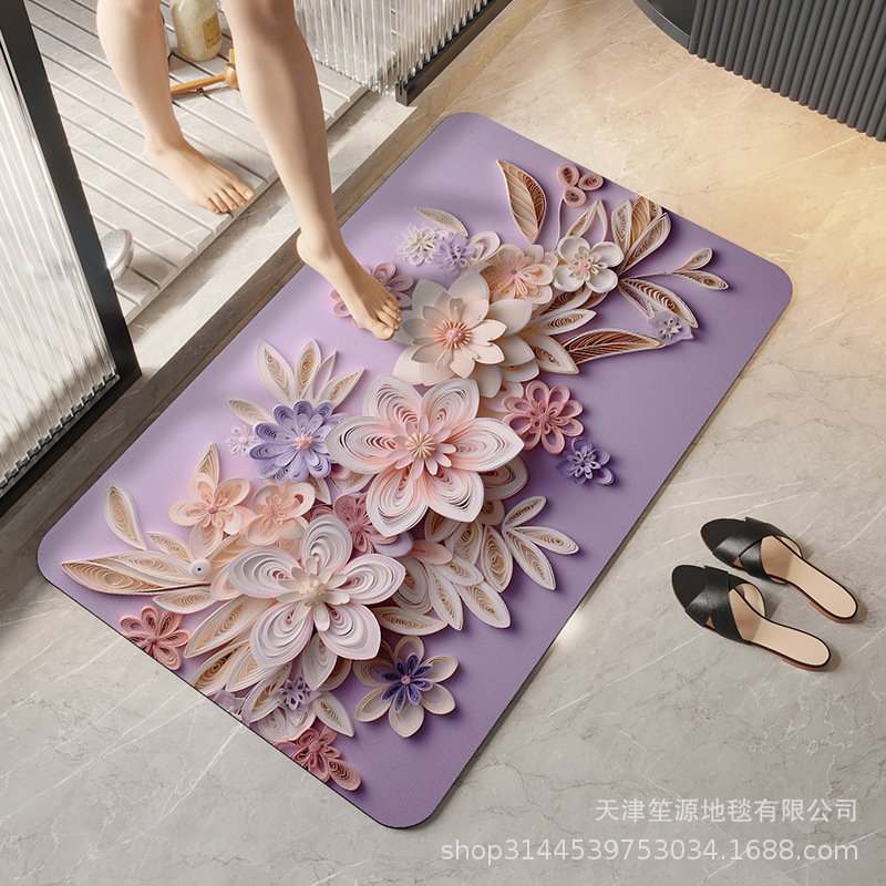 跨境硅藻泥立体花卉地垫浴室防滑垫家用卫生间进门入户速干软脚垫|undefined