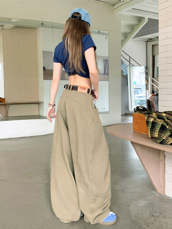 アメリカンレトロ風シンプルシルエットのカーブドジーンズ、男女兼用、秋のストリートスタイル、ゆったりワイドレッグパンツ、ドレープ感のある鎌型パンツ|undefined