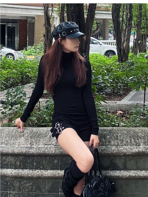 Slim-Fit American-Style Spicy Girl Bodysuit, Black High-Neck New Lace-Up Spring and Autumn Sexy Long-Sleeve Bodysuit Shorts for Women Slim-Fit American-Style Spicy Girl Bodysuit, Black High-Neck New Lace-Up Spring and Autumn Sexy Long-Sleeve Bodysuit Shorts for Women
