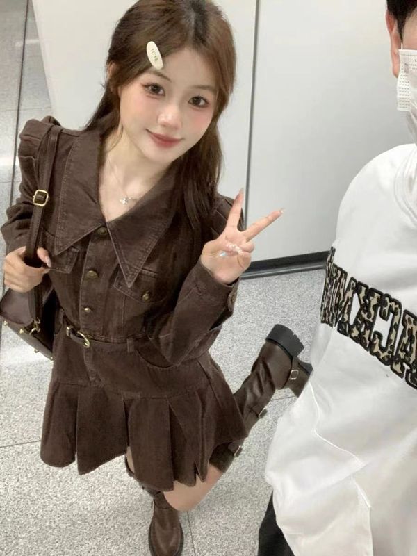 辣妹美拉德穿搭复古长袖牛仔连衣裙女秋季收腰显瘦百褶裙字短裙|undefined