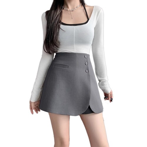 Women's winter high-waist A-line invisible short skirt with black irregular semi-slip hem, petite size, prevents exposure, buttocks-hugging semi-skirt