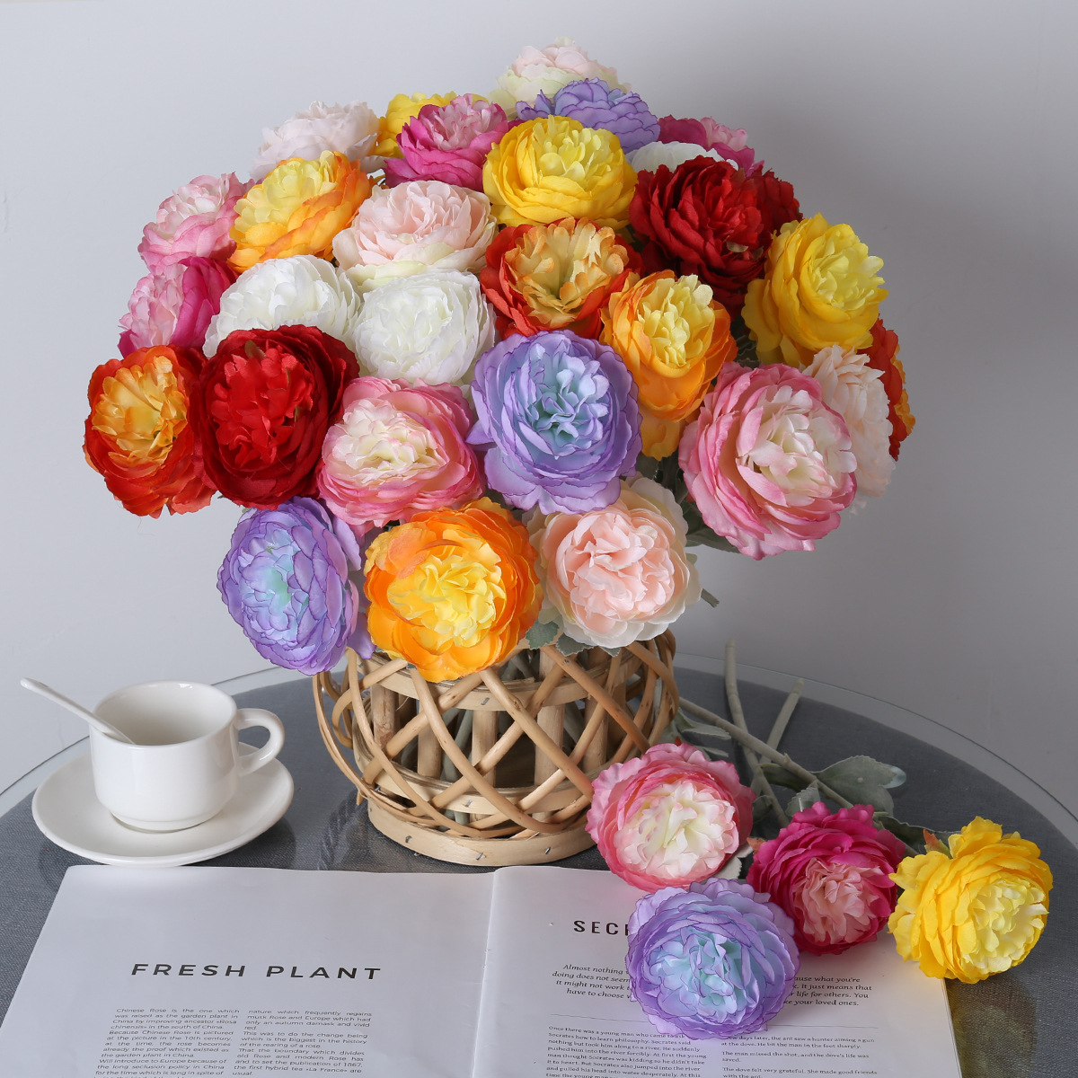 Artificial 3-Head Flocked Peony Bouquet for Living Room Decoration Wholesale