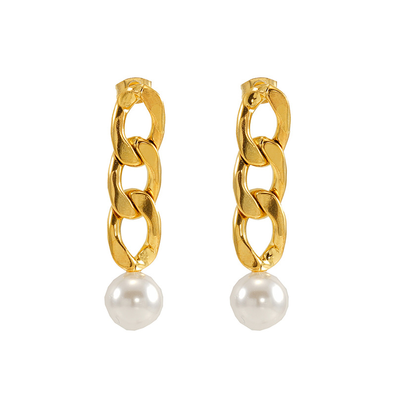 Pendientes transfronterizos europeos y americanos de acero de titanio de viento de 18K para mujer Pendientes de cadena cubana de acero inoxidable para mujer Pendientes largos de perlas para mujer