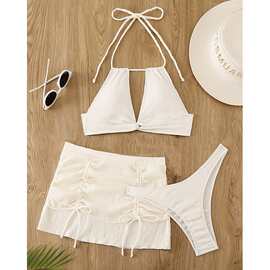 2025欧美新款特殊面料挂脖系带露背性感高腰三件套bikini泳衣批发