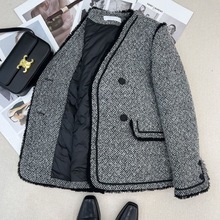 羽绒服女短款2024冬装新款小个子白鸭绒加厚粗花呢毛呢外套白鸭绒
