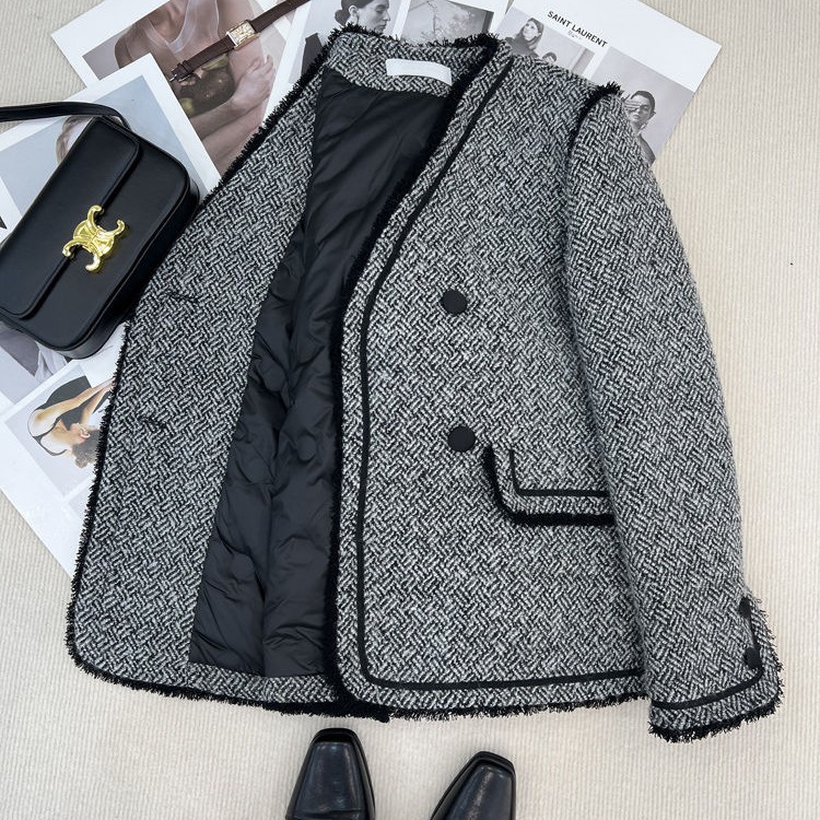 羽绒服女短款2024冬装新款小个子白鸭绒加厚粗花呢毛呢外套白鸭绒