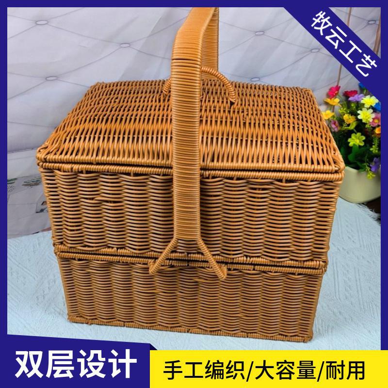 M55双层户外野餐篮家用手工藤编送餐篮方形拜拜篮竹编篮两层有盖