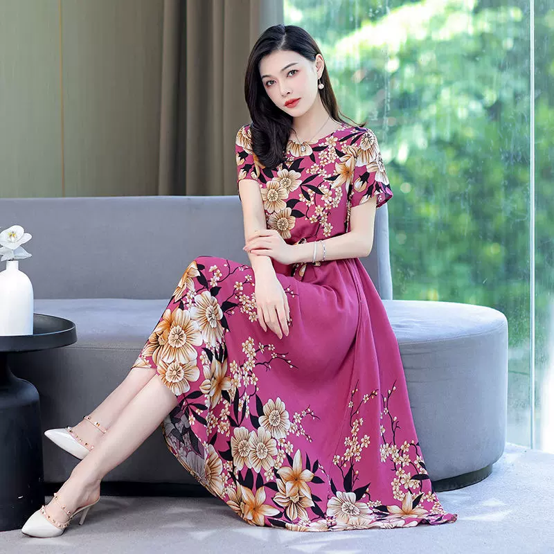 棉绸连衣裙夏装中年人造棉过膝碎花大摆裙2025年新款大码裙子洋气