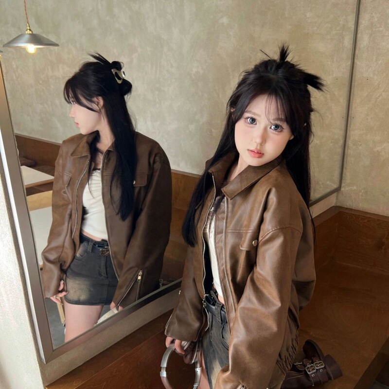 美拉德穿搭棕色皮衣外套女春秋2025新款复古港风机车服短款皮夹克|undefined