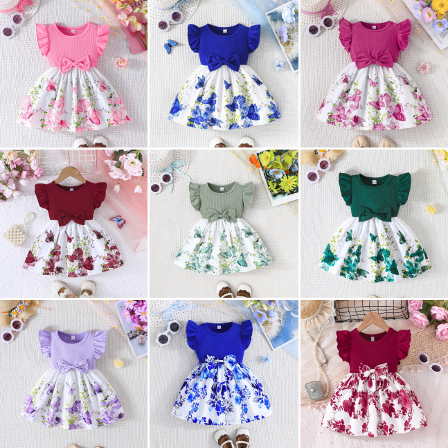 Kids Sleeveless Ruffled Bow Dress Butterfly Print Multi Color