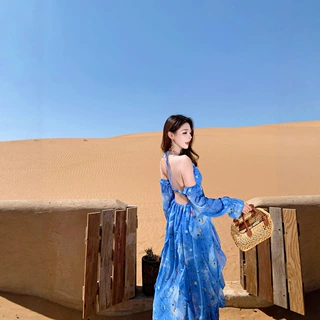 25016韩系复古蓝玫瑰印花露背开叉显瘦挂脖可拆卸袖子吊带连衣裙