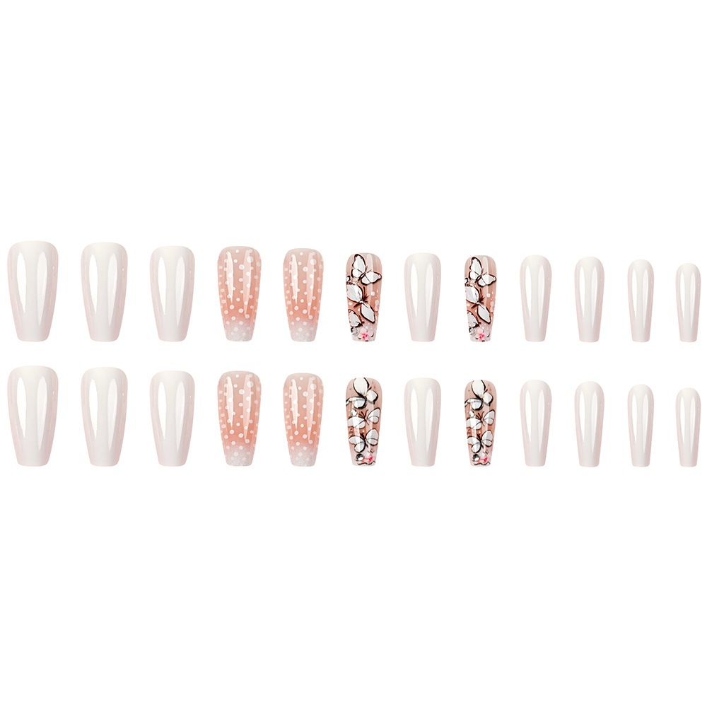 Manicura de uñas de escalera larga de punto blanco simple, parche de uñas de degradado blanco en polvo de mariposa, venta caliente transfronteriza, armadura portátil de diamantes image 6