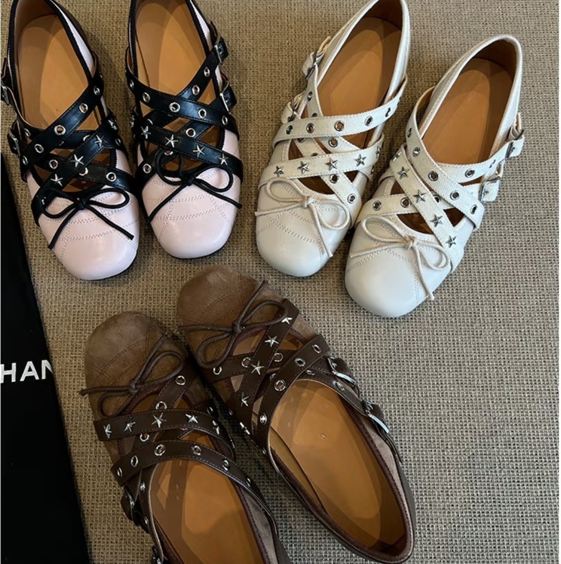 Xingshengda Cowhide French Style Cross Strap Mary Jane Bow Rivet Ballet Shoes M129