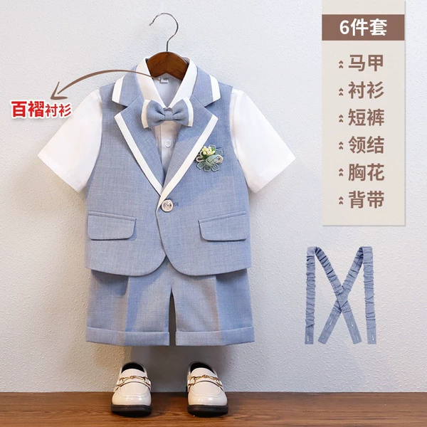 Shorts, set, shirt, vest lapel pin, bow tie, suspenders