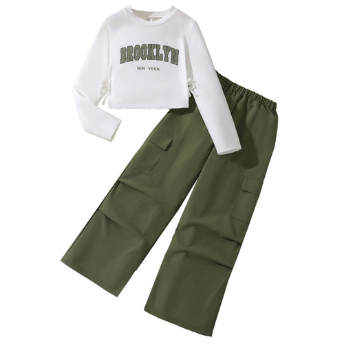 Ladies Spring Outfit Set New Model Unisex Big Kid Versatile Alphabet Long Sleeve Sweatshirt American Style Wide Leg Pleated Work Pants