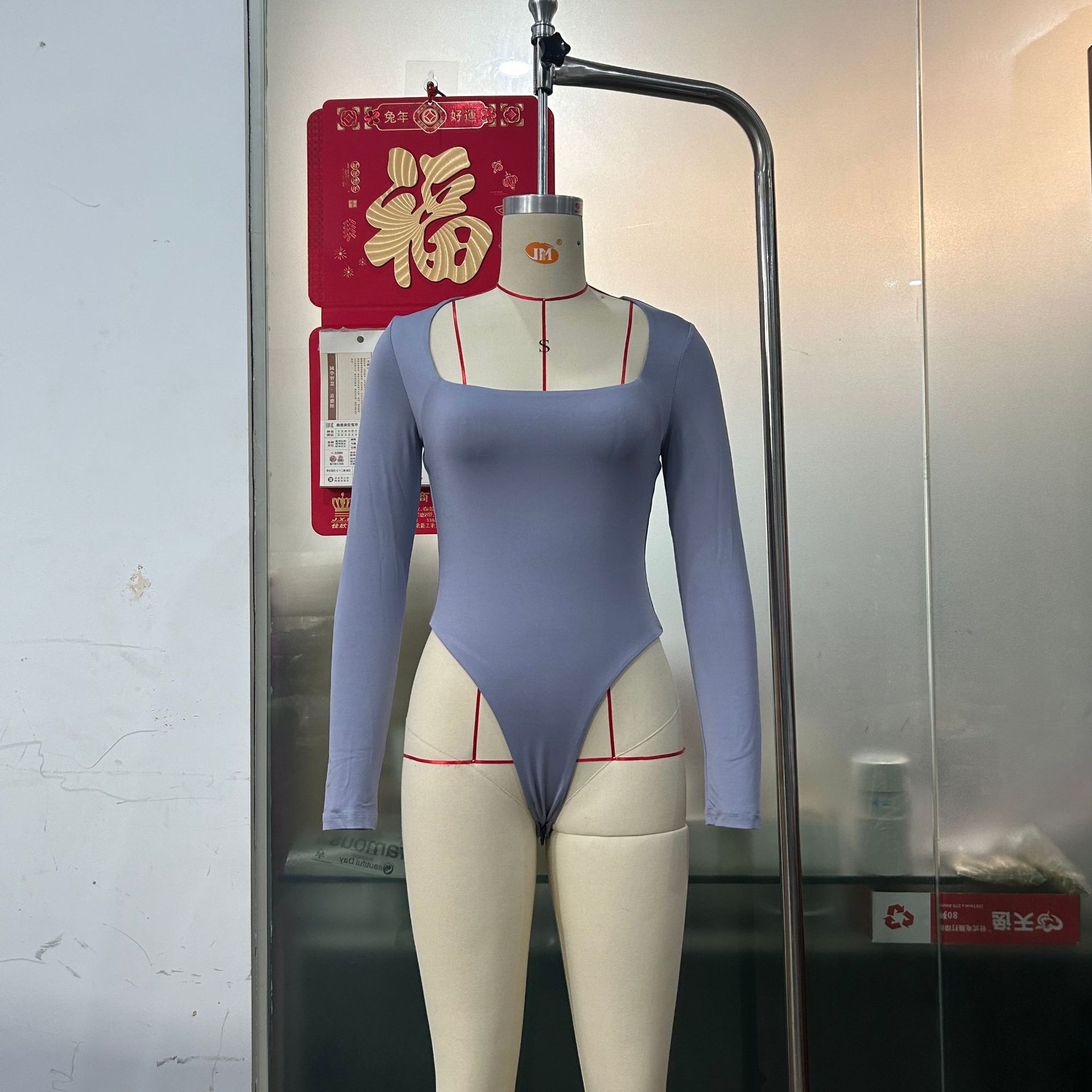 Mono para mujer, nuevo, con cuello cuadrado, manga larga, sexy, de doble capa, con botones a presión, camiseta básica SU3689