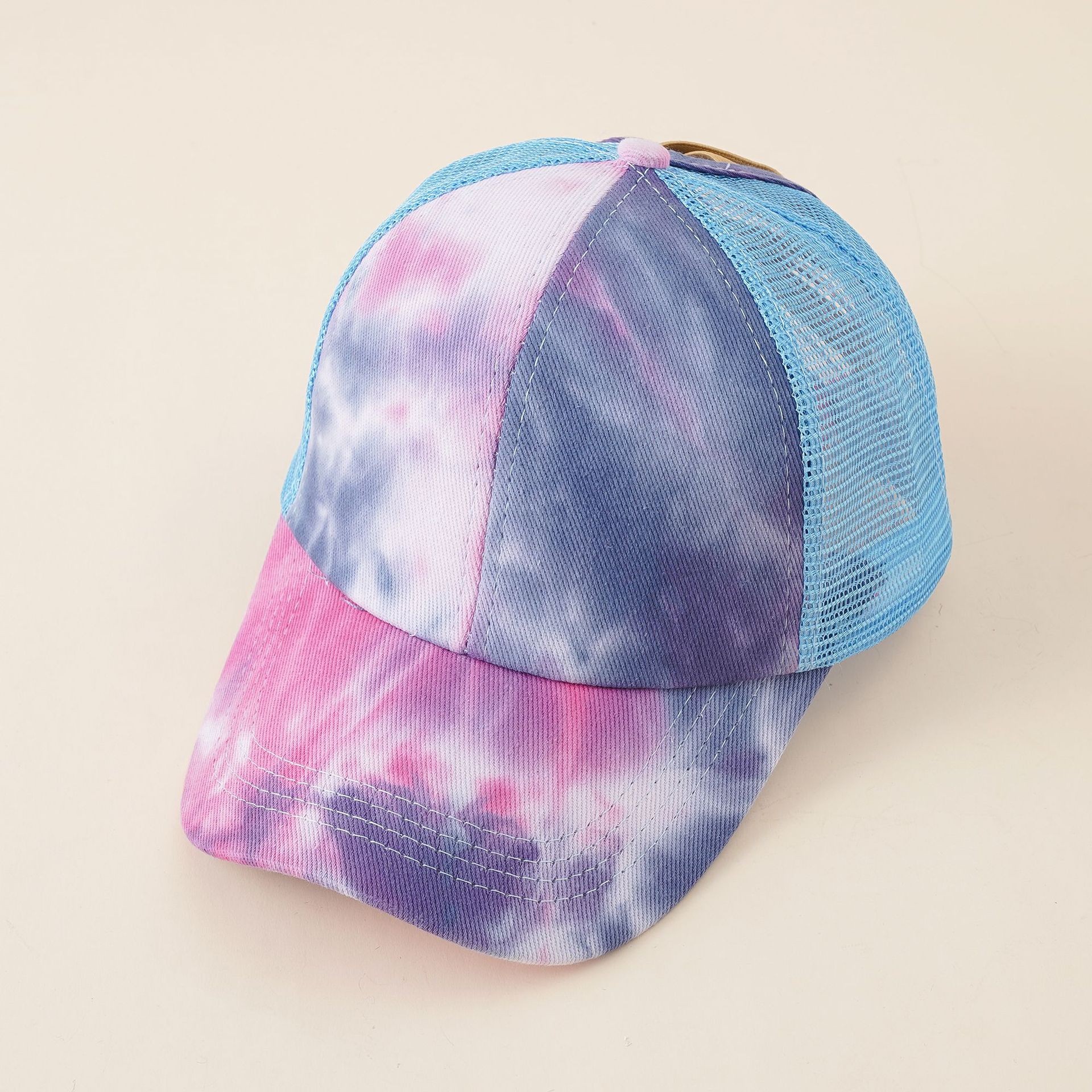 Nuevo sombrero de las mujeres de verano corbata teñida de cola de caballo gorra de béisbol de apertura trasera sombrero de verano cabello largo belleza gorra de malla