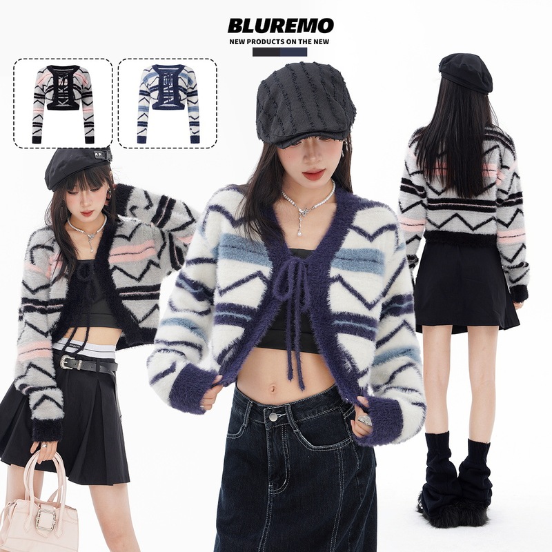BLUREMO | autumn and winter Europe and the United States sweet cool wind imitation mink hair lace-up tricolor striped street tide Joker short knitted cardigan