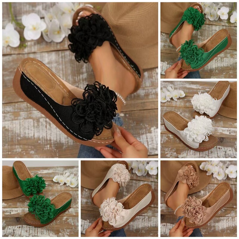 Cross-Border Large Size Wedge Beach Slippers Summer New Fish Mouth Flower Comfortable Outdoor Seaside Beach Shoes for Women Wholesale