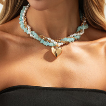 欧美跨境饰品 清新甜美绿松石仿珍珠锁骨链 气质简约爱心吊坠项链