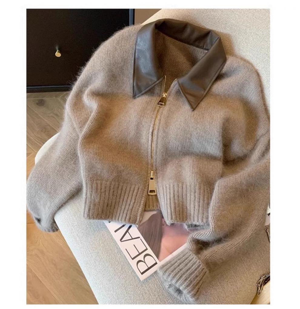 Modieus damesvest met leren kraag en rits gebreide bovenkleding_voghion.com