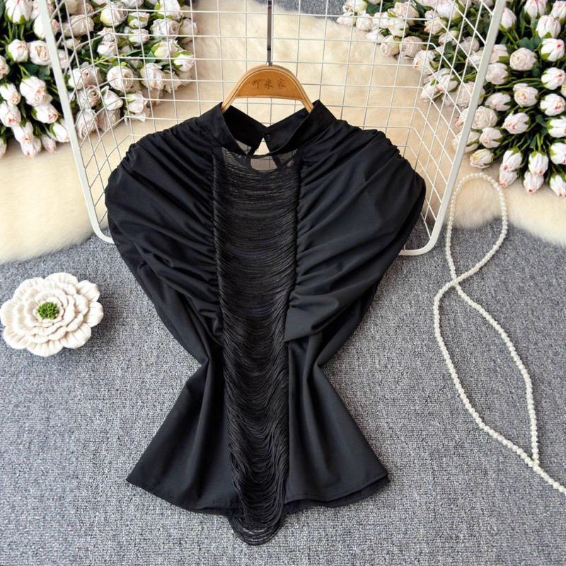 Foreign Trade Fashion Pleated Design Shoulder Pad Stand Collar Pullover Slim Sleeveless Women's Shirt 2025 Summer New Multi-Function