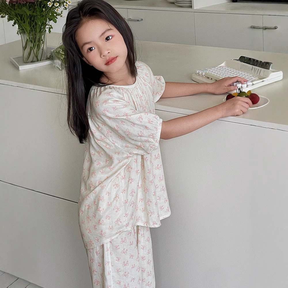 2025 Children's Bamboo Cotton Homewear Set Summer Thin Breathable Girls' Air Conditioning Suit Baby Korean Style Pajamas Short Sleeve